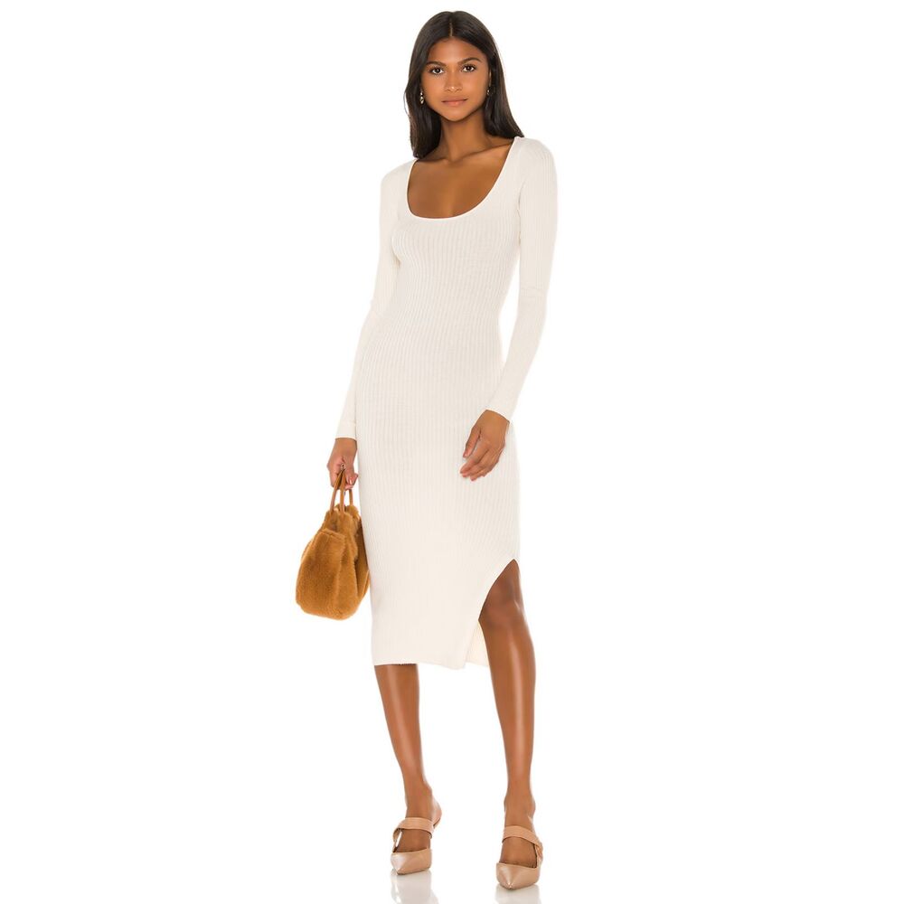L'Academie Nessa Dress Ribbed Knit Long Sleeve Sweater Midi in Cream size Small
